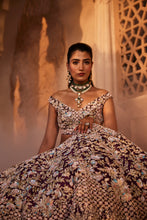 Load image into Gallery viewer, Wine raw silk hand embroidered lehenga