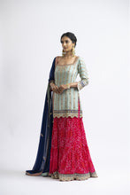 Load image into Gallery viewer, GEORGETTE KURTA AND DUPATTA WITH TIERED BANDHEJ SHARARA GOTA EMBROIDERY