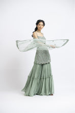 Load image into Gallery viewer, JADE GREEN TULLE SHIRT WITH LAYERED SHARARA