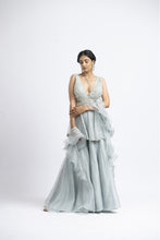 Load image into Gallery viewer, GREY BLUE ORGANZA PEPLUM SHARARA SET