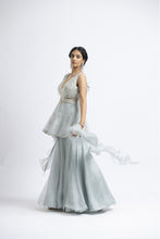Load image into Gallery viewer, GREY BLUE ORGANZA PEPLUM SHARARA SET