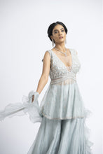 Load image into Gallery viewer, GREY BLUE ORGANZA PEPLUM SHARARA SET