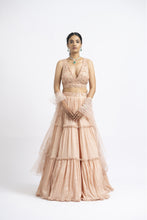 Load image into Gallery viewer, PEACH CRUSHED CHIGNON TIERED LEHENGA WITH NET CHOLI AND DUPATTA