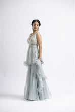 Load image into Gallery viewer, GREY BLUE ORGANZA PEPLUM SHARARA SET