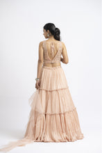 Load image into Gallery viewer, PEACH CRUSHED CHIGNON TIERED LEHENGA WITH NET CHOLI AND DUPATTA