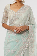 Load image into Gallery viewer, Mint Green Organza Embellished Saree Set