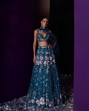 Load image into Gallery viewer, Peacock Blue Net Lehenga Set