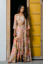 Load image into Gallery viewer, Coral Peach Printed & Embroidered Long Jacket & Skirt Set