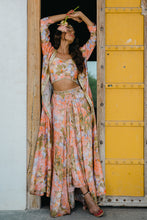 Load image into Gallery viewer, Coral Peach Printed & Embroidered Long Jacket & Skirt Set