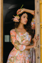 Load image into Gallery viewer, Coral Peach Printed & Embroidered Long Jacket & Skirt Set