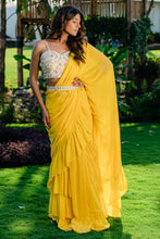 Load image into Gallery viewer, Yellow Embroidered Drape Saree Set with Belt