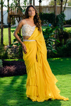 Load image into Gallery viewer, Yellow Embroidered Drape Saree Set with Belt