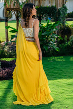 Load image into Gallery viewer, Yellow Embroidered Drape Saree Set with Belt