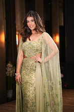 Load image into Gallery viewer, Green Net Sequins, Pearls, Crystals Flower Hand Embroidered Lehenga With Blouse