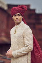 Load image into Gallery viewer, LIGHT BEIGE RAW SILK SHERWANI WITH KURTA AND CHURIDAR. IT COMES WITH AN OPTIONAL BELT, STOLE AND JUTIS