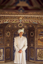 Load image into Gallery viewer, IVORY RAW SILK SHERWANI WITH KURTA CHURIDAR AND OPTIONAL STOLE BELT AND EMBROIDERED JUITS
