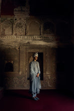 Load image into Gallery viewer, GREY RAW SILK OPEN SHERWANI WITH A CHOGA AND CHURIDAR AND AN OPTIONAL STOLE AND WORKED JUTIS