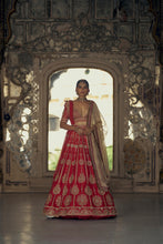 Load image into Gallery viewer, RED RAW SILK LEHENGA CHOLI WITH NET DUPATTA WITH AN OPTIONAL BEIGE NET DUPATTA AND WORKED BELT.