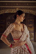Load image into Gallery viewer, IVORY ORGANZA LEHENGA CHOLI DUPATTA SET WITH AN OPTIONAL SECOND RED BANDHEJ DUPATTA