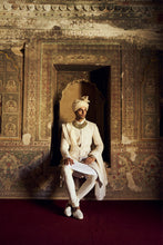 Load image into Gallery viewer, IVORY RAW SILK SHERWANI WITH KURTA AND CHURIDAR WITH AN OPTIONAL WORKED BELT, STOLE AND JUTIS