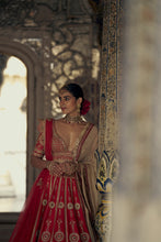 Load image into Gallery viewer, RED RAW SILK LEHENGA CHOLI WITH NET DUPATTA WITH AN OPTIONAL BEIGE NET DUPATTA AND WORKED BELT.