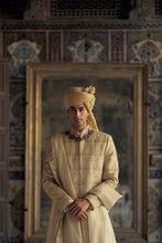 Load image into Gallery viewer, GOLD SHERWANI SET WITH CHOGA AND CHURIDAR WHICH COMES WITH AN OPTIONAL WORKED STOLE AND JUTIS