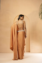 Load image into Gallery viewer, Self on self embelishments of crystal stones,and pearls all over blouse and belt of the saree.