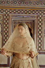 Load image into Gallery viewer, CHAMPAGNE GOLD NET LEHENGA CHOLI AND DUPATTA WITH AN OPTIONAL WORKED BELT AND HEAD VEIL.