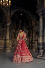 Load image into Gallery viewer, BLOOD RED SILK LEHENGA CHOLI SET WITH A WORKED TULLE DUPATTA