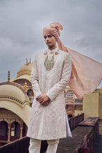 Load image into Gallery viewer, NUDE RAW SILK SHERWANI WITH KURTA CHRIDAR AND OPTIONAL WORKED STOLE, BELT AND JUTI