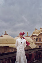 Load image into Gallery viewer, IVORY RAW SILK SHERWANI WITH A COTTON SILK CHOGA AND CHURIDAR AND OPTIONAL STOLE BELT AND WORKED JUTI