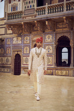 Load image into Gallery viewer, LIGHT BEIGE RAW SILK SHERWANI WITH KURTA CHURIDAR AND OPTIONAL WORKED STOLE BELT AND JUTIS