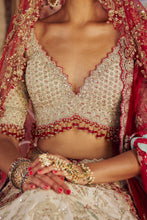 Load image into Gallery viewer, SILVER TISSUE LEHENGA CHOLI SET WITH AQUA NET DUPATTA AND AN OPTIONAL RED NET DUPATTA AND A HEAD VEIL WHICH CAN BE ORDERED SEPARATELY