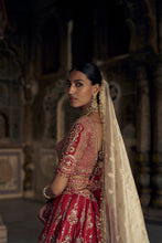 Load image into Gallery viewer, BLOOD RED SILK LEHENGA CHOLI SET WITH A WORKED TULLE DUPATTA