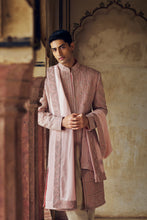 Load image into Gallery viewer, DUSTY ROSE PINK SHERWANI WITH KURTA CHURIDAR WITH OPTIONAL STOLE, BELT AND WORKED JUTI
