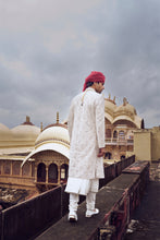 Load image into Gallery viewer, IVORY RAW SILK SHERWANI WITH A COTTON SILK CHOGA AND CHURIDAR AND OPTIONAL STOLE BELT AND WORKED JUTI