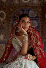 Load image into Gallery viewer, SILVER TISSUE LEHENGA CHOLI SET WITH AQUA NET DUPATTA AND AN OPTIONAL RED NET DUPATTA AND A HEAD VEIL WHICH CAN BE ORDERED SEPARATELY