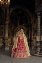 Load image into Gallery viewer, BLOOD RED SILK LEHENGA CHOLI SET WITH A WORKED TULLE DUPATTA