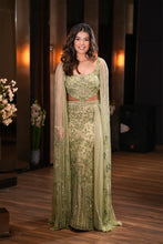 Load image into Gallery viewer, Green Net Sequins, Pearls, Crystals Flower Hand Embroidered Lehenga With Blouse