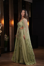 Load image into Gallery viewer, Green Net Sequins, Pearls, Crystals Flower Hand Embroidered Lehenga With Blouse
