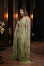 Load image into Gallery viewer, Green Net Sequins, Pearls, Crystals Flower Hand Embroidered Lehenga With Blouse