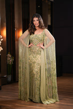 Load image into Gallery viewer, Green Net Sequins, Pearls, Crystals Flower Hand Embroidered Lehenga With Blouse