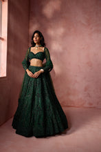 Load image into Gallery viewer, BOTTLE GREEN NET LEHENGA SET
