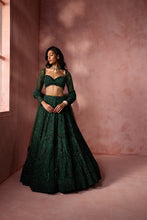 Load image into Gallery viewer, BOTTLE GREEN NET LEHENGA SET