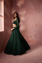 Load image into Gallery viewer, BOTTLE GREEN NET LEHENGA SET
