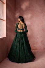 Load image into Gallery viewer, BOTTLE GREEN NET LEHENGA SET