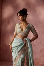 Load image into Gallery viewer, AQUA LUREX GEORGETTE SAREE SET