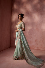 Load image into Gallery viewer, AQUA LUREX GEORGETTE SAREE SET