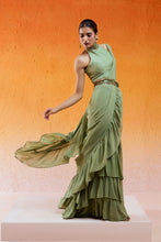 Load image into Gallery viewer, Pista Green Embroidered Drape Saree Set with Belt