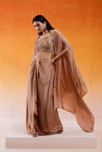Load image into Gallery viewer, Caramel Brown Embroidered Drape Skirt Set with Cape